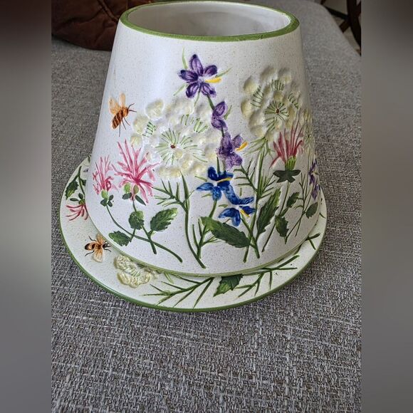 Yankee Candle Large Jar Shade & Plate Queen Anne Flowers Bees Etched Flaws - Picture 5 of 15